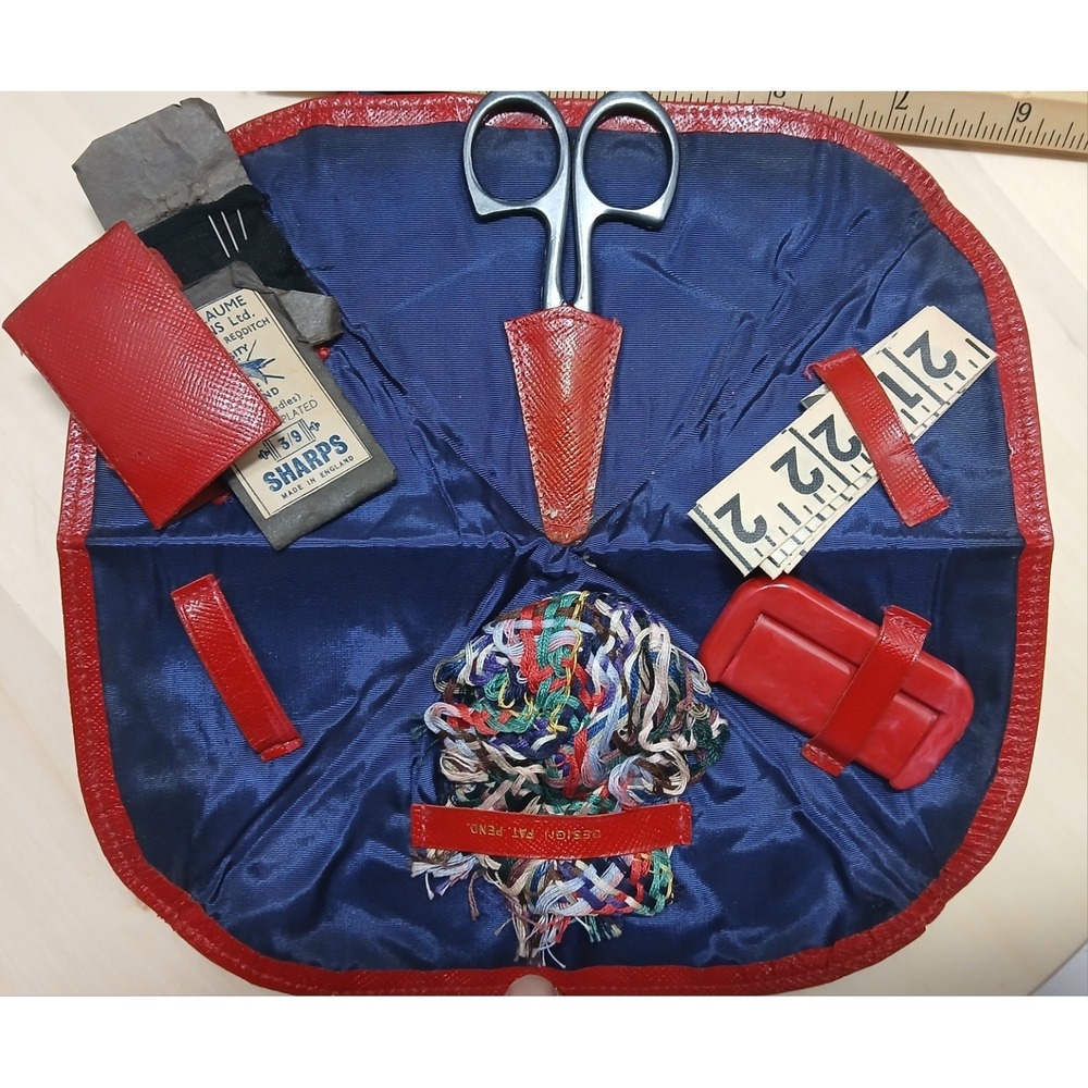 Vtg Travel Sewing Kit Red Foldable Mending Snap Closure